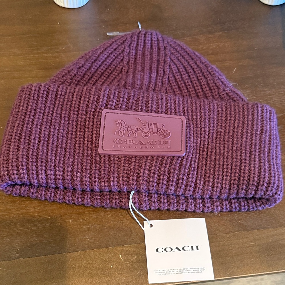 Coach Deep berry Knit patch beanie